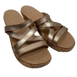 CROCS Metallic Bronze Crisscross Wedge Sandals